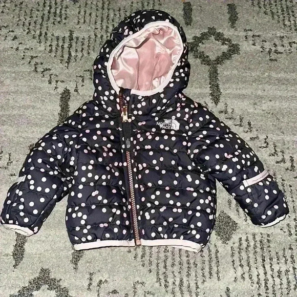 The North Face Polka Dot baby reversible puffer jacket with hood and hand covers